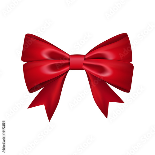 Gift bow ribbon silk. Red bow tie isolated white background. 3D gift bow tie for Christmas present, holiday decoration, birthday celebration. Decorative satin ribbon element Vector illustration