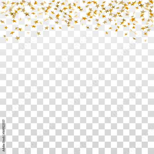Gold stars falling confetti isolated on white transparent background. Golden design festive party, birthday celebration, carnival, anniversary. Stars confetti explosion Vector illustration