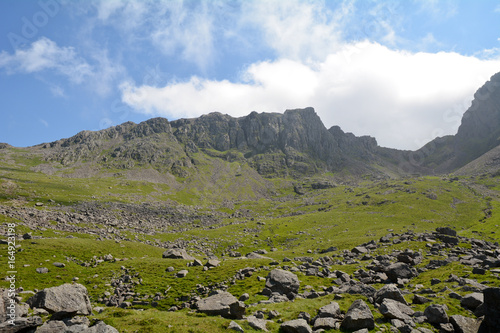 Great End, Ill Crag, Scafell Pike, Lingmell and Sca Fell as seen from the Wasdale Head footpath in the Lake District, Cumbria, England photo