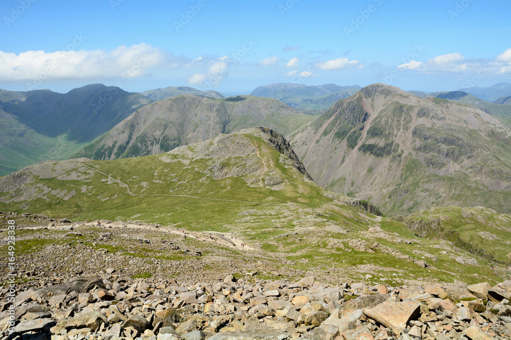 Great Gable and Lingmell as seen near the summit of Scafell PIke in the Lake District Cumbria England