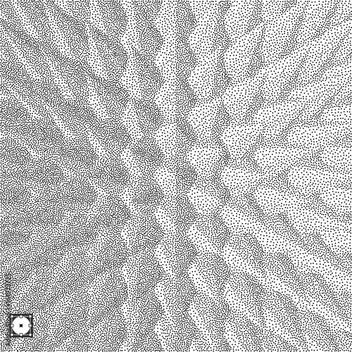 3D abstract background. Black and yellow grainy dotwork design. Pointillism pattern. Stippled vector illustration.