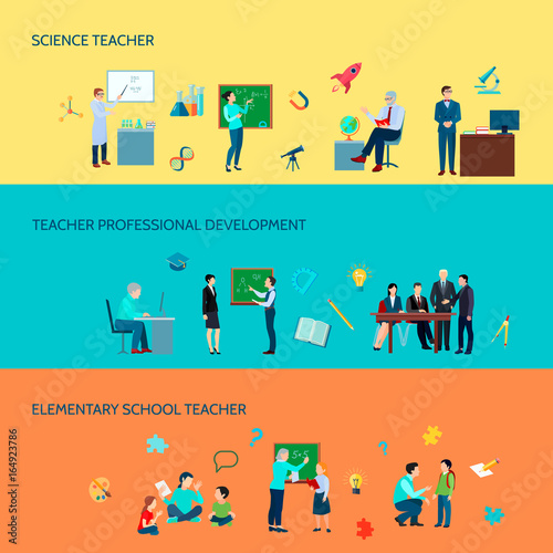 School Teacher Flat Banners Set 