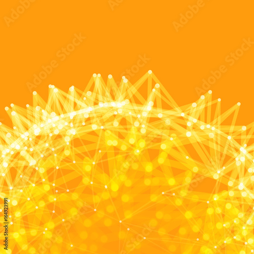 Scientific illustration with connected lines and dots. Luminous microscopic forms. Glowing grid. Connection structure. Wireframe vector illustration.