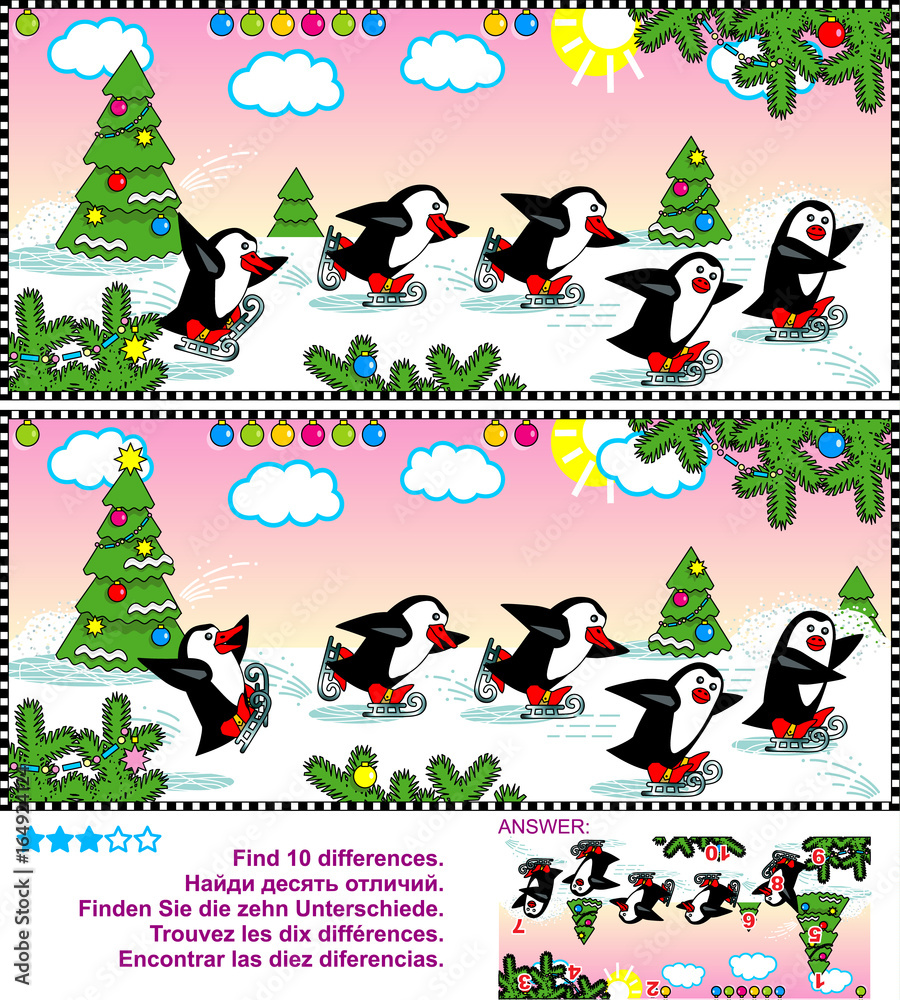 Fototapeta premium Christmas, winter or New Year themed picture puzzle: Find the ten differences between the two pictures of joyful skating penguins. Answer included. 