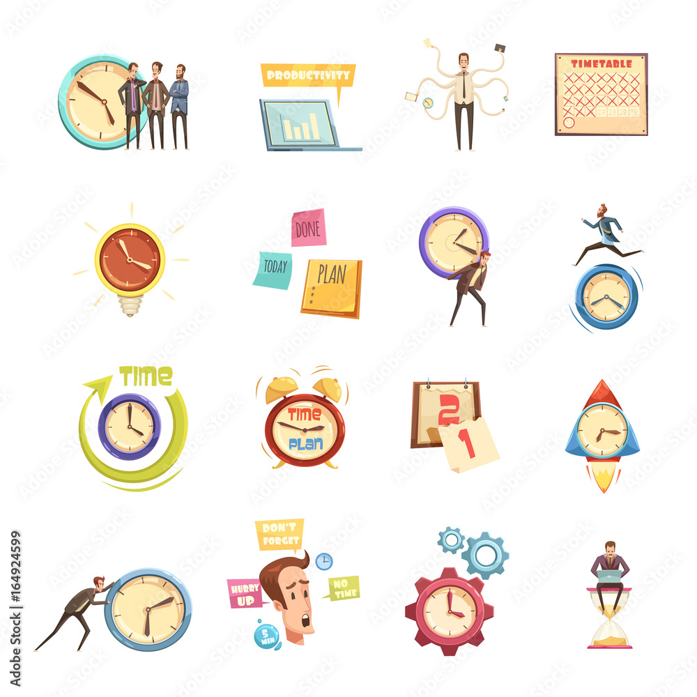 Time Management Retro Cartoon Icons Set Time Management Retro Cartoon Icons Set
