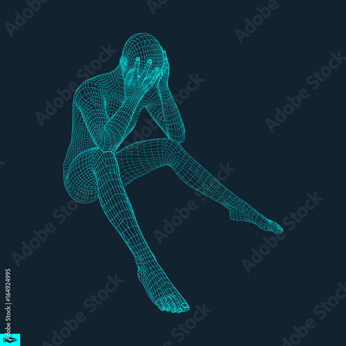 Man in a Thinker Pose. 3D Model of Man. Geometric Design. Human Body Wire Model. Business, Science, Psychology or Philosophy Vector Illustration.