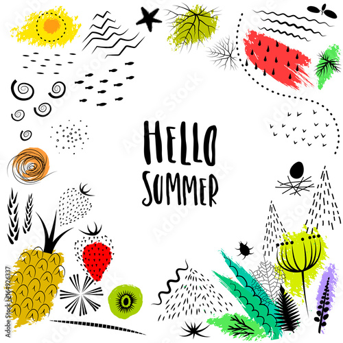 Vector hand drawn colorful  summer frame with lettering "Hello summer". Natural black patterns and structures and colored blots.