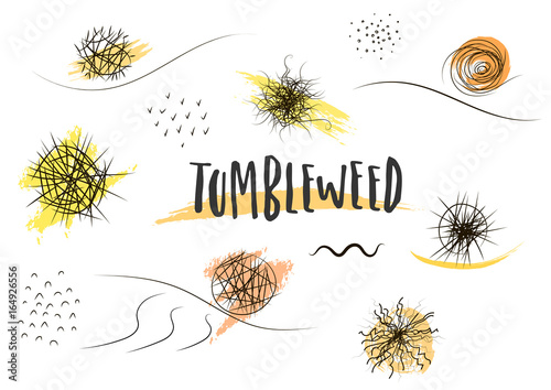 Vector set of hand-drawn black tumbleweed silhouettes of different types and sizes.