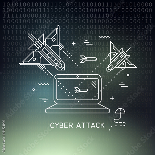 Vector thin line illustration on the theme of cyber attack, hacking. Fighter planes flying and shooting at the laptop on dark mesh background.