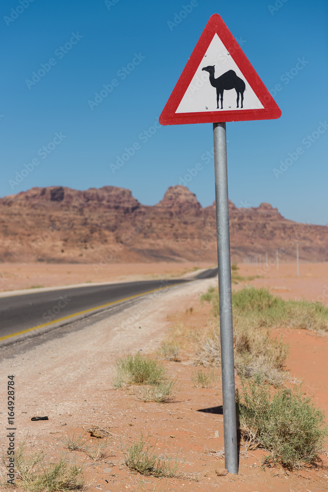 Road sign in the Wadi Rum desert, Jordan