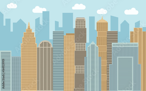 Vector urban landscape illustration. Street view with cityscape, skyscrapers and modern buildings at sunny day. City space in flat style background concept.
