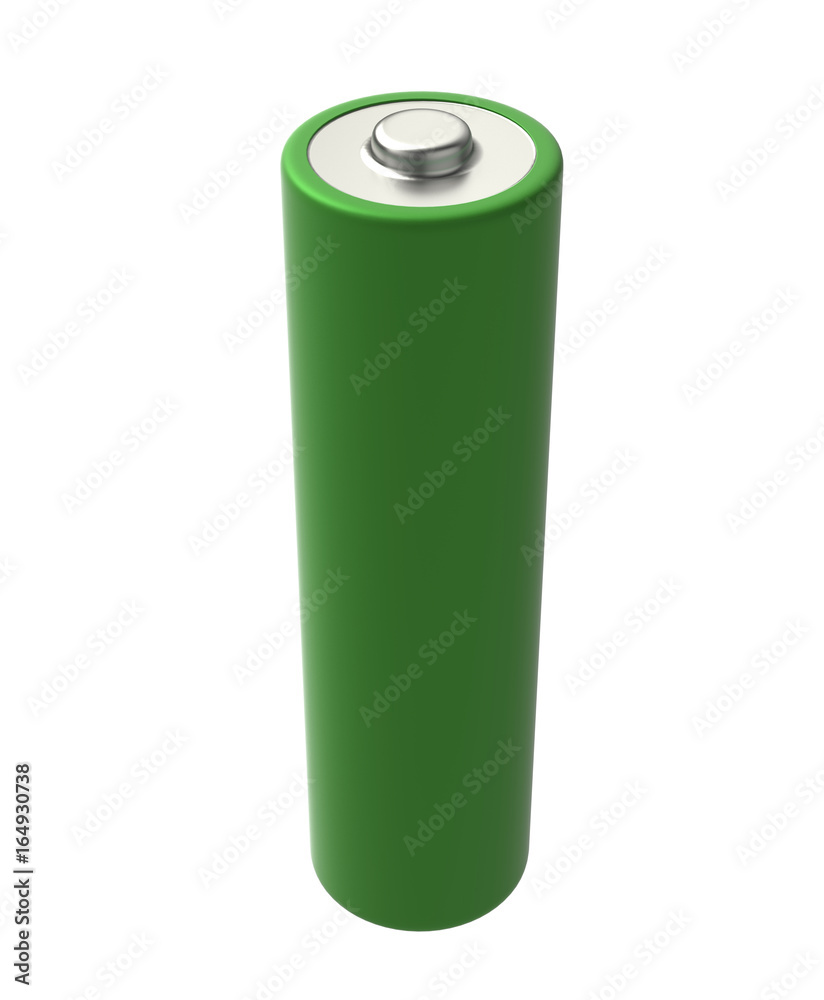 3D realistic render of AA green alkaline battery on a white background, isolated, with shadow 3D realistic render of AA green alkaline battery on a white background, isolated, with shadow