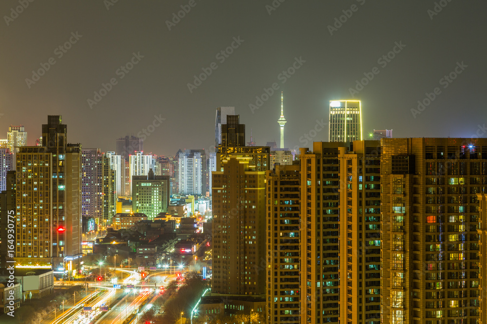 panoramic view of cityscape,midtown skyline at night,shot in China.