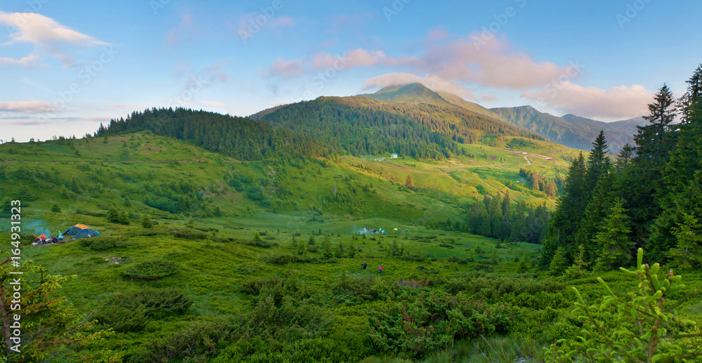 Tents and people in green lush valley against mountain tops covered with several clouds and forest, spruce trees. Warm summer evening. Panorama of Marmarosh, Carpathian mountains, Ukraine