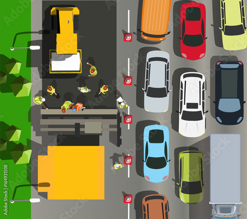 Top view road repair with workers and traffics