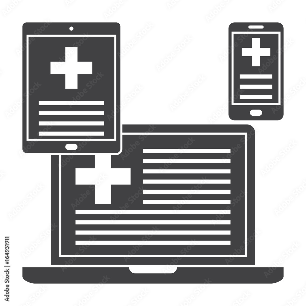 Obraz premium eHealth concept with devices and medical online services, vector silhouette