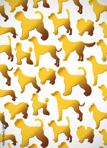 Vertical card. Pattern with cute cartoon gold dog silhouettes. Different breeds.