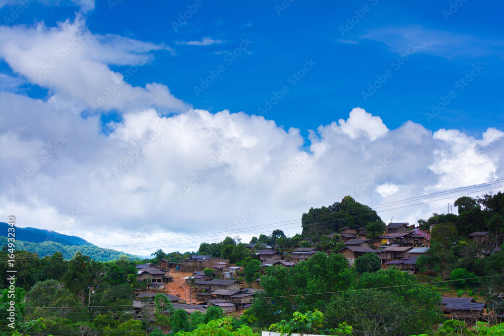 Lha hu village,Mountain village,Mountain farming, blue mountain and cloudy.