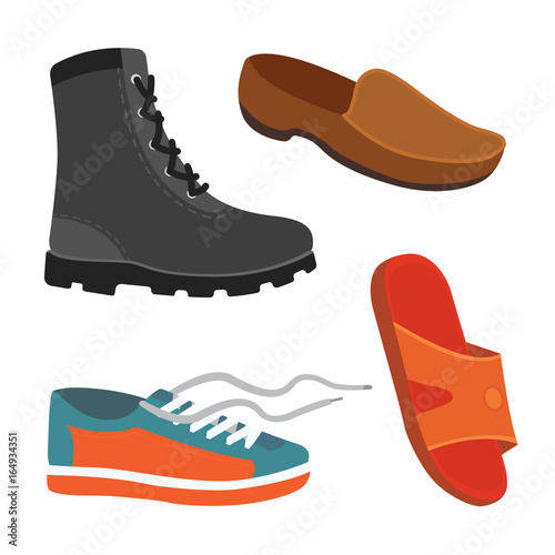 Male man season shoes in flat style. Men boots isolated set vector illustration