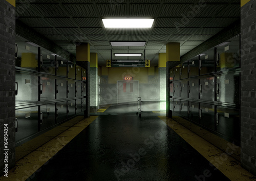 A look down the aisle of fridges of a dimly lit ward in a mortuary with an empty gerney in the distance - 3D render
