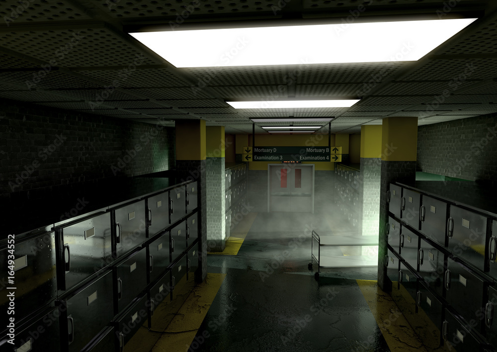 A look down the aisle of fridges of a dimly lit ward in a mortuary with an empty gerney in the distance - 3D render