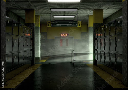 A look down the aisle of fridges of a dimly lit ward in a mortuary with an empty gerney in the distance - 3D render