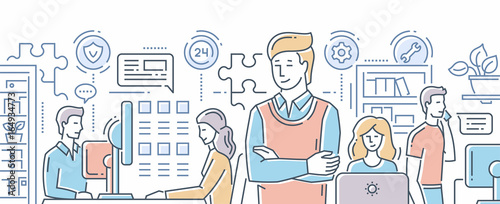 Our team - line flat design banner with office workers.