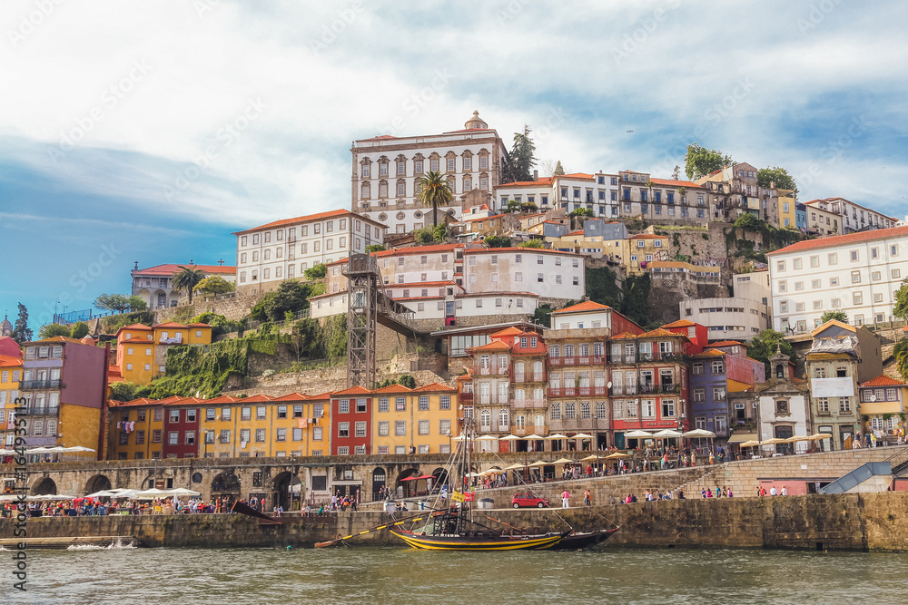 Panoramic view of river Douro and the Old town of Porto with colorful houses, Portugal