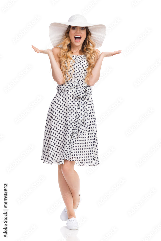Surprised Young Woman In Sun Hat Is Holding Hands Raised