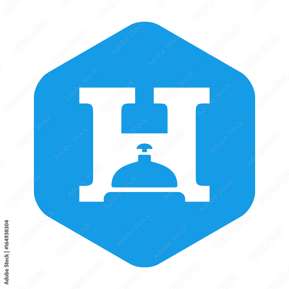 Icono plano H con timbre hotel en hexagono azul Icono plano H con timbre hotel en hexagono azul