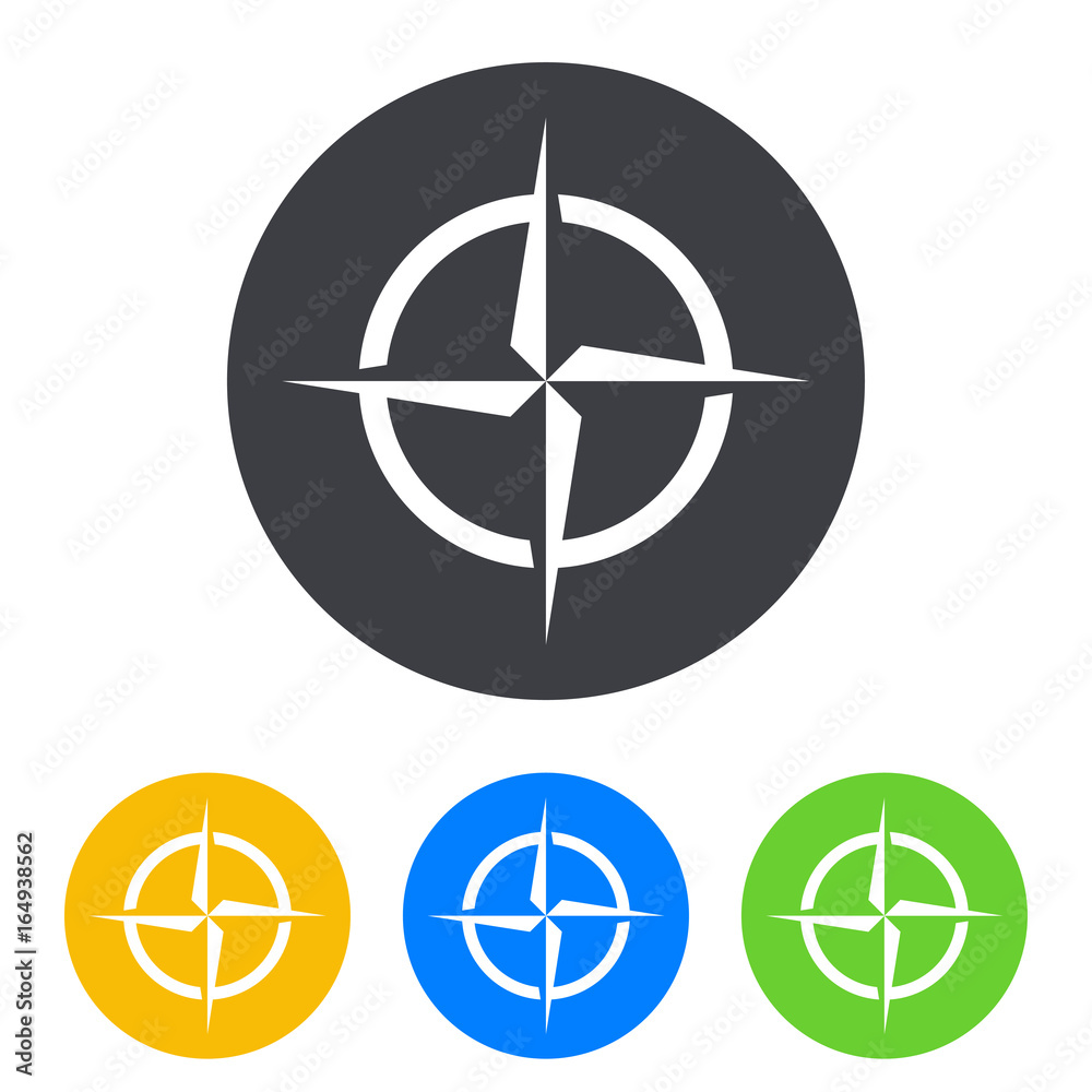 Icono plano simbolo brujula en circulo varios colores