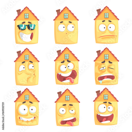 Cute cartoon humanized house with with many expressions set of vector Illustrations