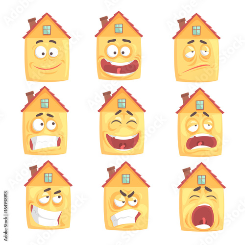 Funny cartoon humanized house with with many expressions set of vector Illustrations