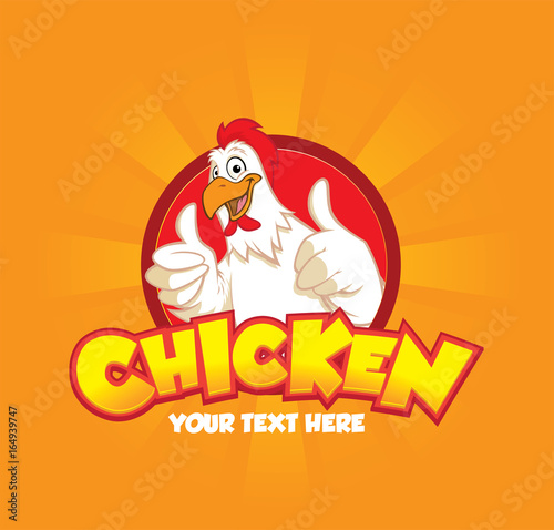 A happy funny Cartoon Rooster chicken giving a thumbs up with two hand on orange background, vector logo illustration
