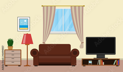Living room with furniture design. House interior in flat style. Vector illustration.