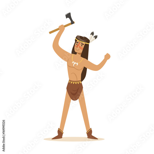 Native american indian in loincloth standing with tomahawk vector Illustration