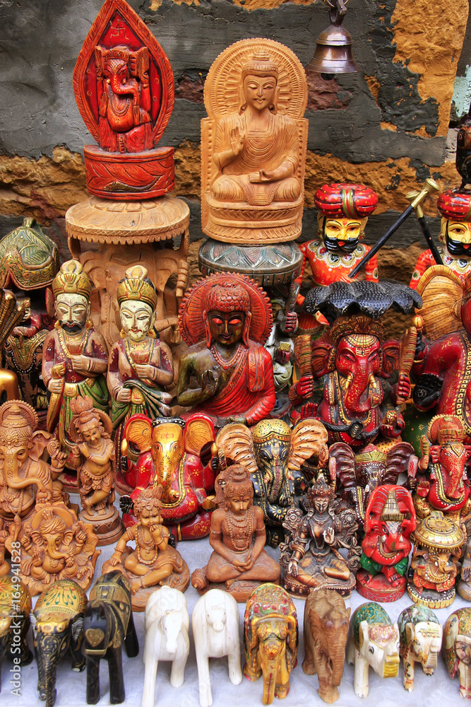 Display of colorful statues at a souvenir shop in Jaisalmer fort, India