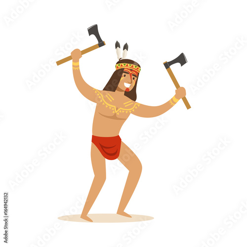 Native american indian in loincloth standing with two tomahawks vector Illustration