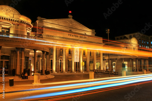Solis Theater at night with traffic lights in Montevideo old town, Uruguay photo