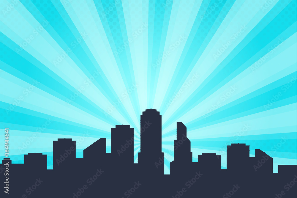 Comic book style background, big city skyline outlines. Silhouette of a beautiful cityscape in the background