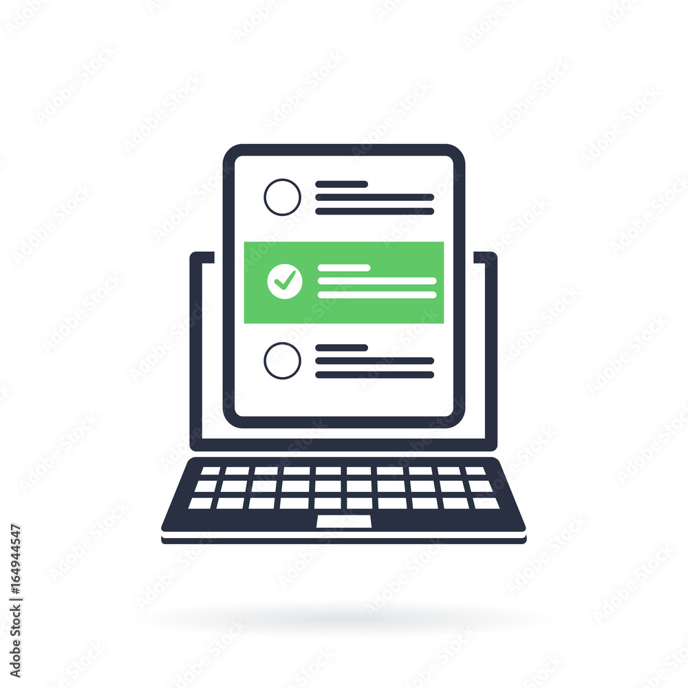 Laptop and checkboxes with check mark. Checklist, white tick on laptop screen. Choice, survey concepts. Laptop and checkboxes with check mark. Checklist, white tick on laptop screen. Choice, survey concepts.