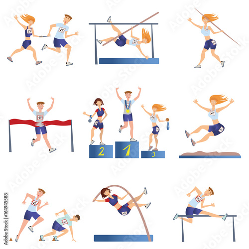 Light athletics set. Sports men and women engaged in various types of athletics. Vector illustration, isolated on white background.