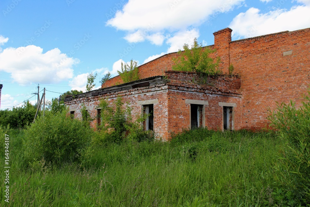 An old abandoned building of warehouse for mineral fertilizers in June 2017, Arsenyevo, Russia.