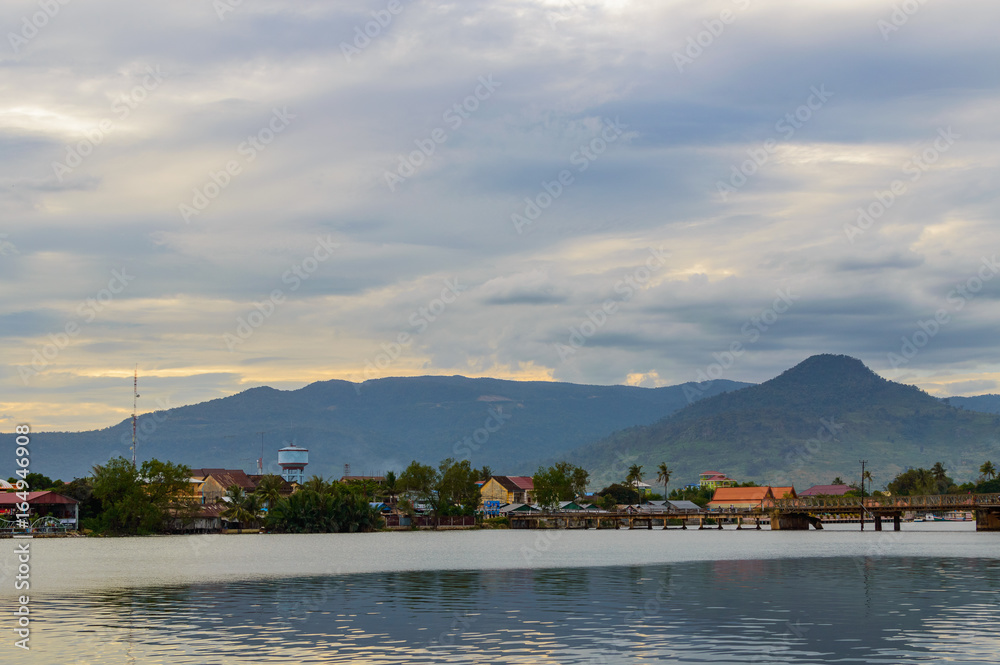 Sunset over river in Kampot, Cambodia.
