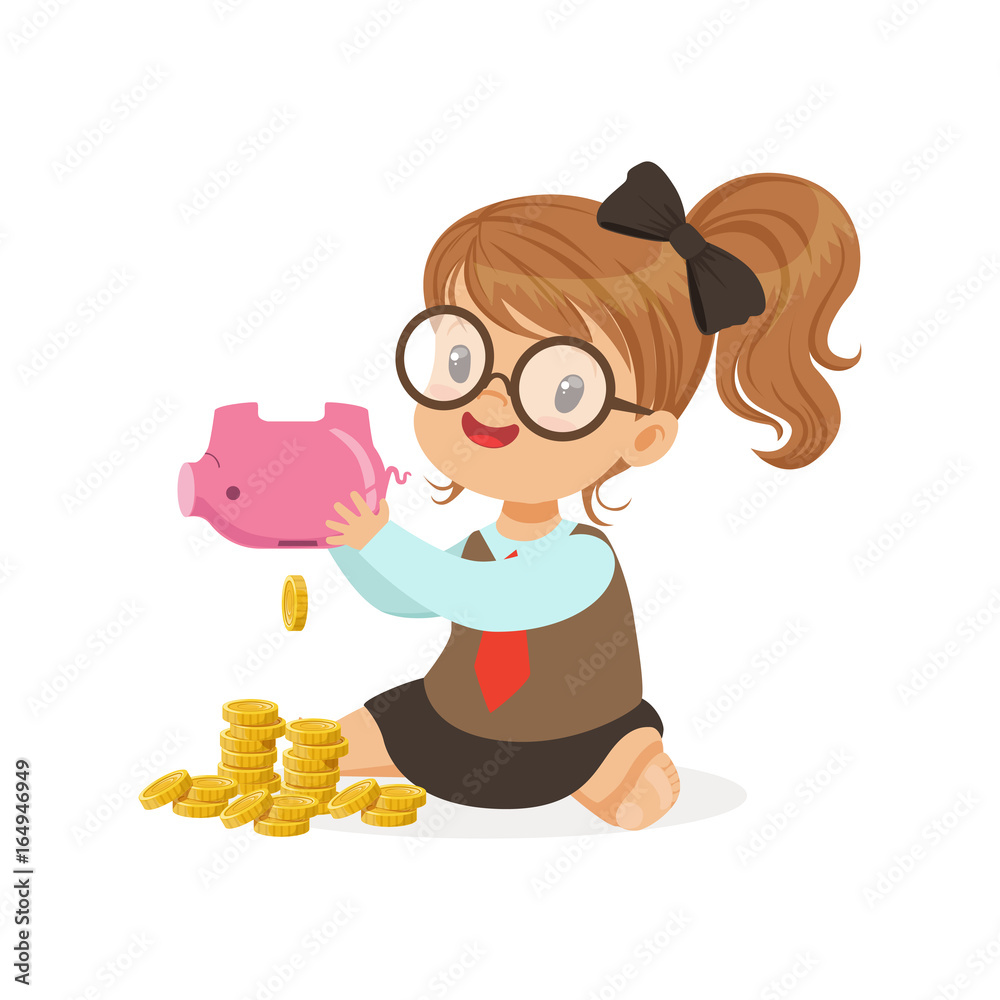 Cute little girl businesswoman shaking piggy bank full of money, kids savings and finance, richness of childhood vector Illustration Cute little girl businesswoman shaking piggy bank full of money, kids savings and finance, richness of childhood vector Illustration
