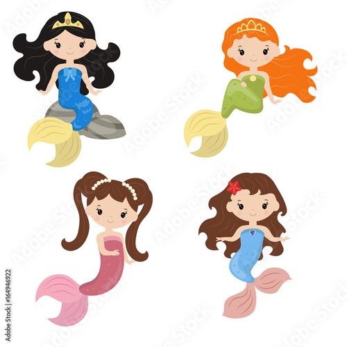 Set of cute girl mermaids