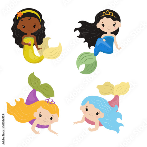 Set of cute girl mermaids