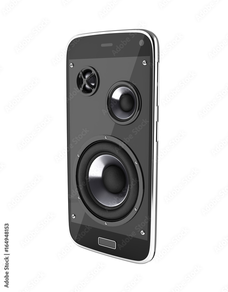 Musical smartphone Mobile phone music app Cellphone and loudspeakers on white background 3d without shadow Musical smartphone Mobile phone music app Cellphone and loudspeakers on white background 3d without shadow