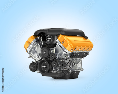 Automotive engine gearbox assembly on blue gradient background 3D
