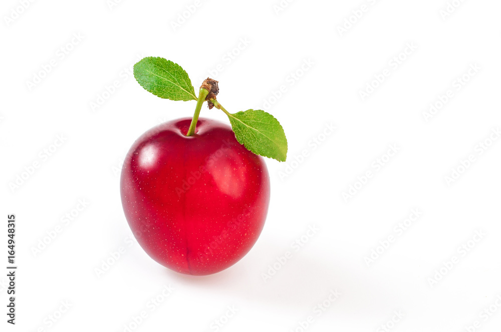 Ripe tasty red plum with leaf, isolated on white Ripe tasty red plum with leaf, isolated on white